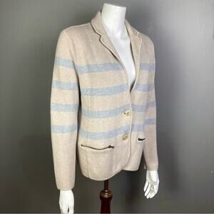 Talbots sweater blazer Large‎ cardigan gray beige stripe cotton tailored spring